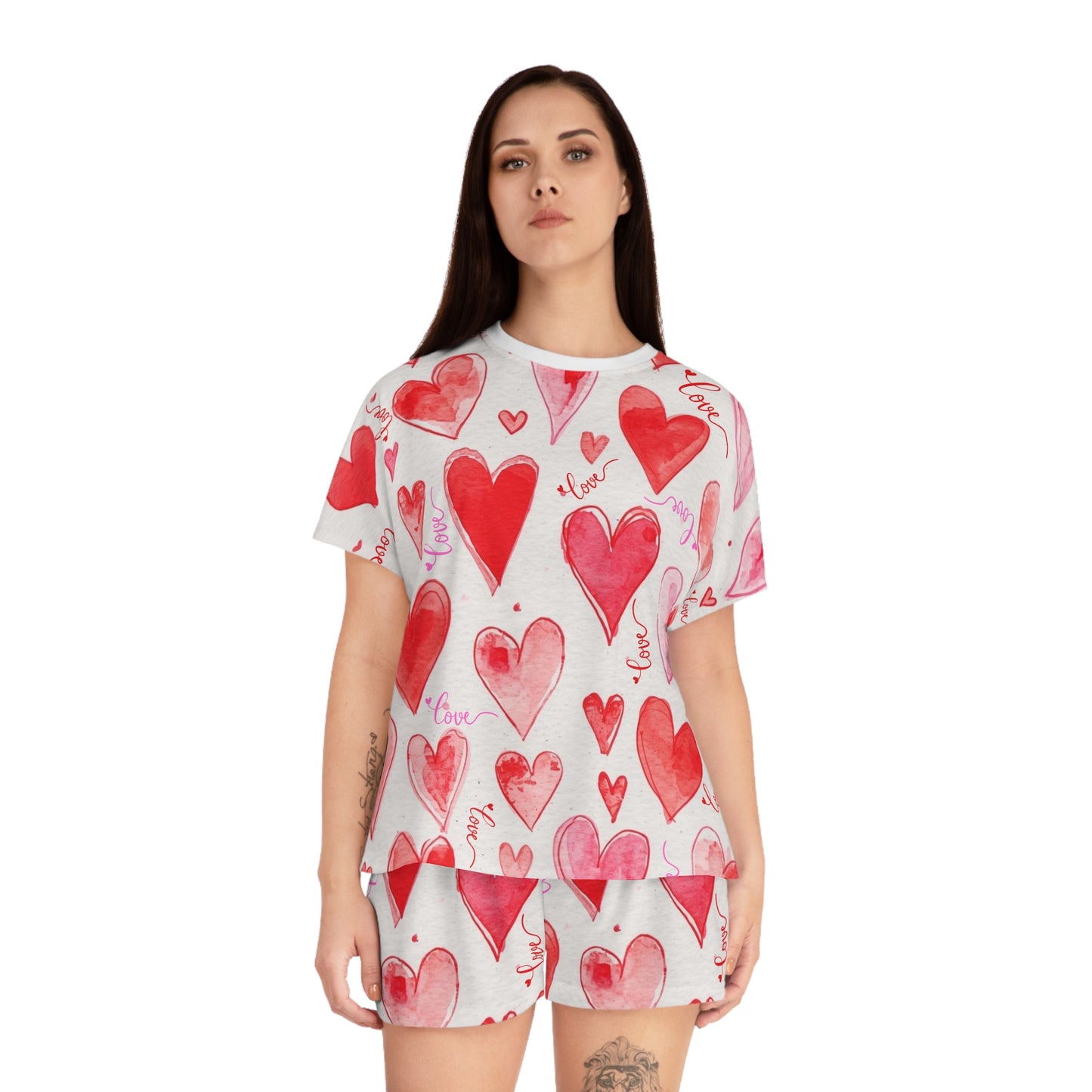 Women's Heart Print Pajama Set — 'Love' Watercolor Shorts Sleepwear