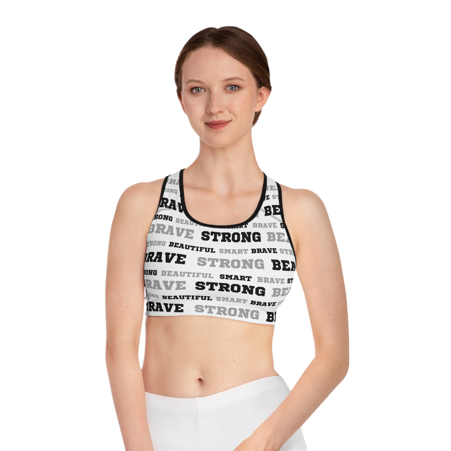 Beautiful Smart Brave Strong Sports Bra- White