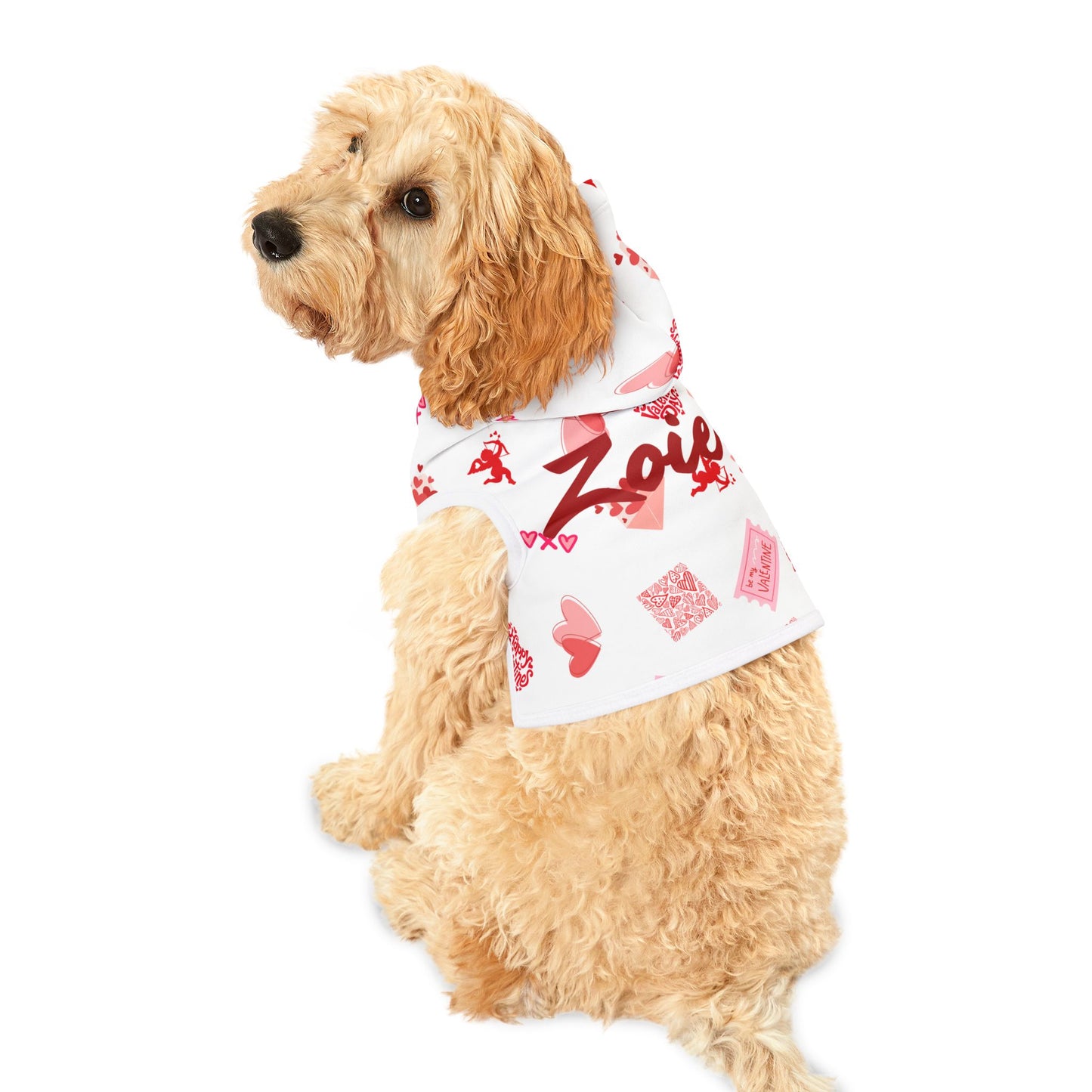 Valentine’s Day Pet Hoodie — Personalized ‘Zoie’ Heart Candy & Cupid Design
