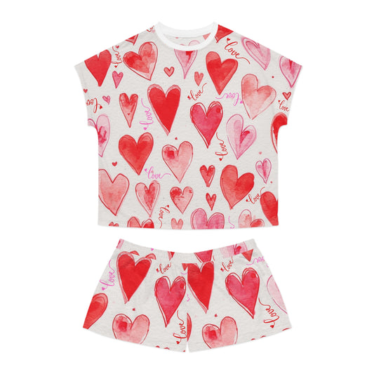 Women's Heart Print Pajama Set — 'Love' Watercolor Shorts Sleepwear