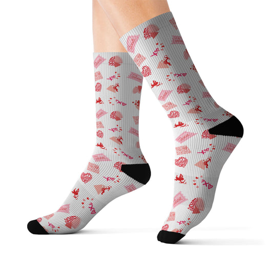 Kiss Print Sublimation Socks – Pink Lipstick & Hearts Pattern
