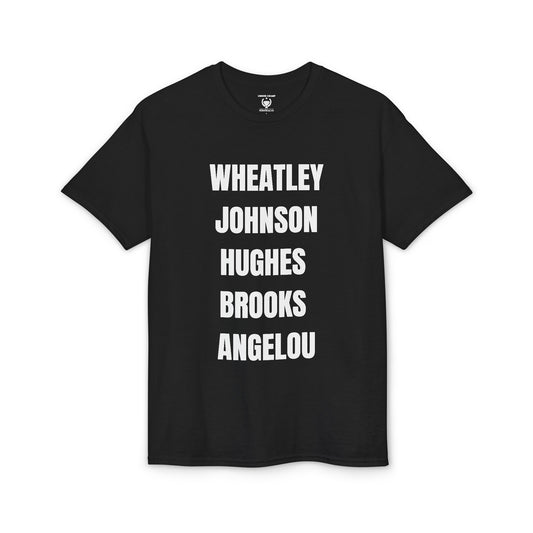 Unisex Poets of Power T-Shirt — Wheatley, Johnson, Hughes, Brooks, Angelou