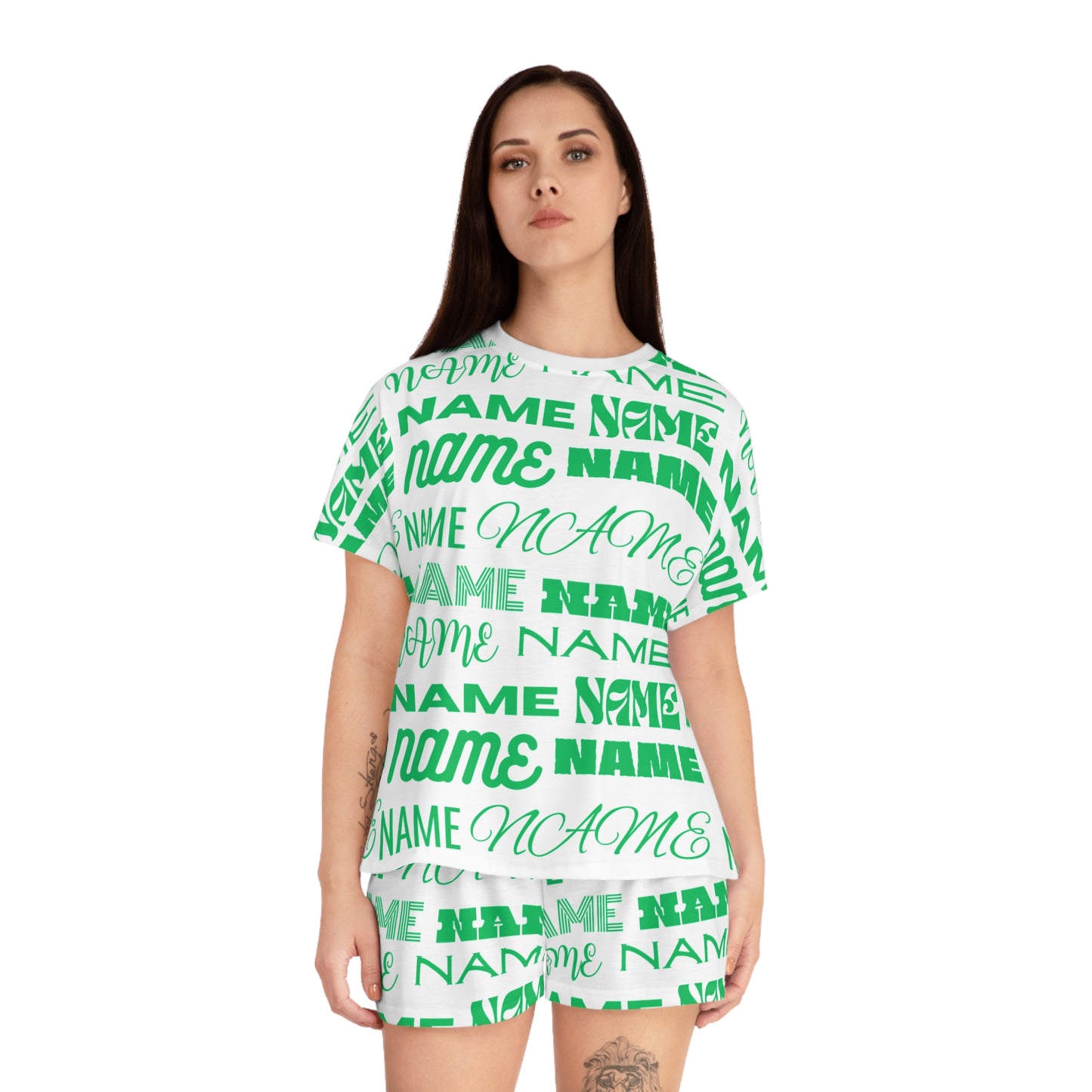 Green Customizable Name Pattern Short Pajama Set