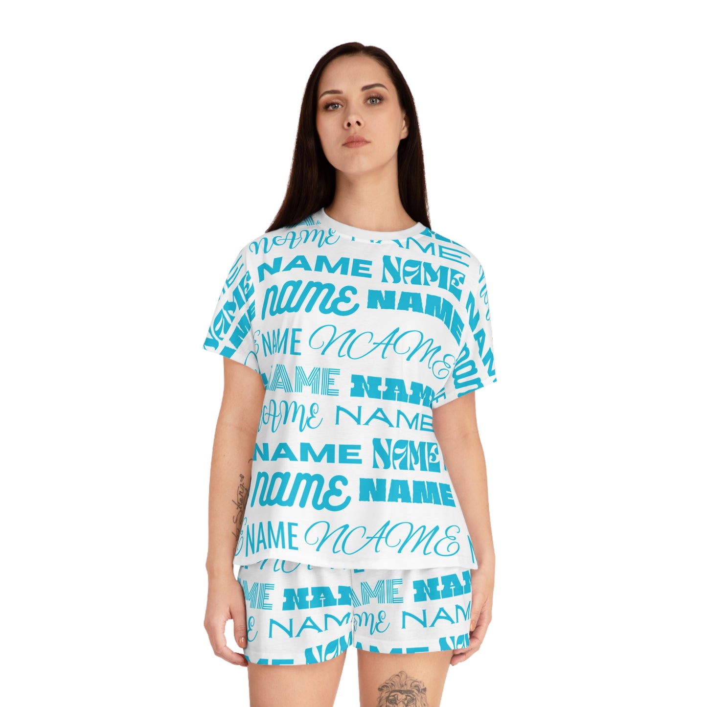 Teal Customizable Name Pattern Short Pajama Set
