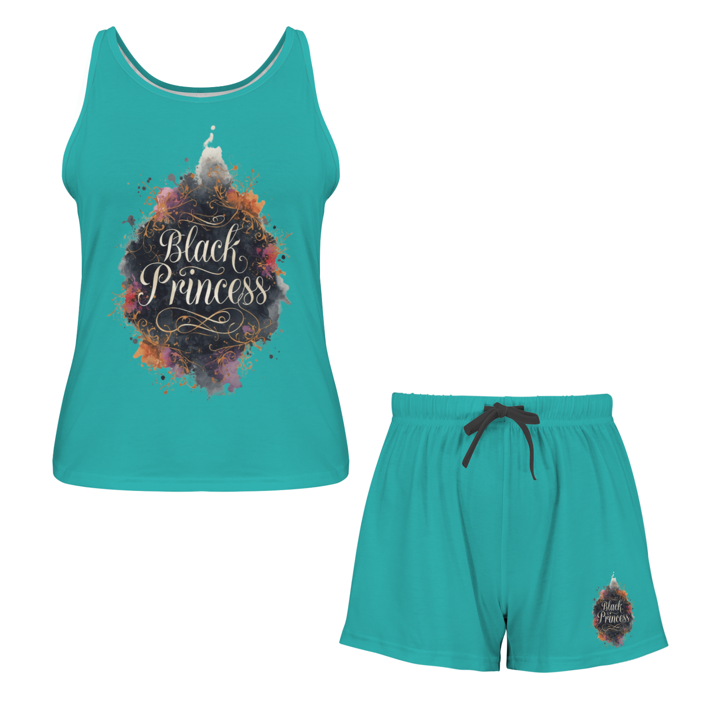 Black Princess Tank Short Pajama Set (Teal)